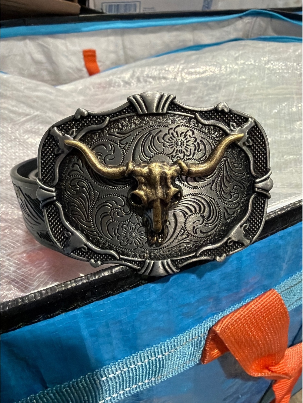 Western Longhorn Bull Skull Belt with Silver & Gold-Tone Buckle